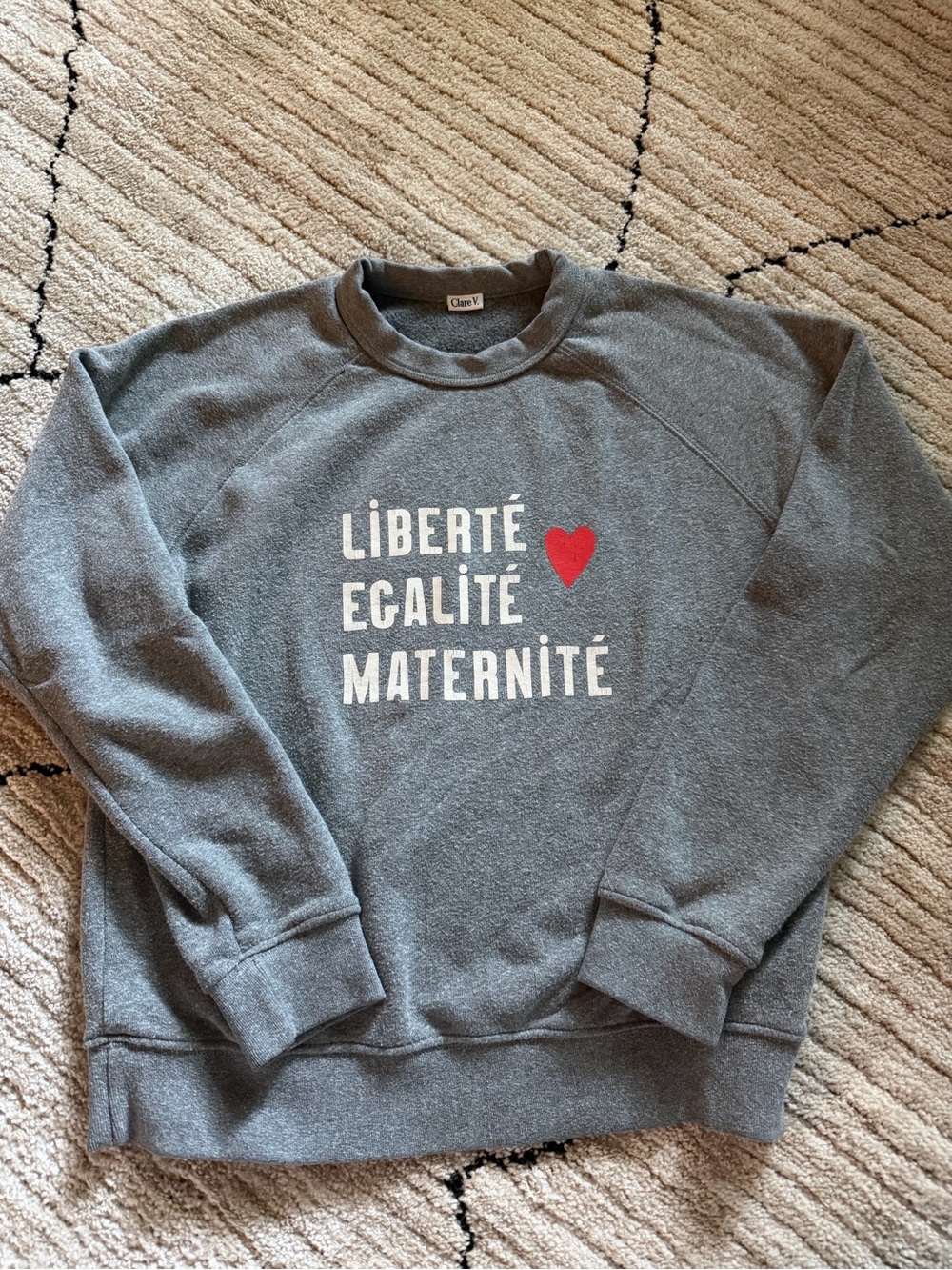 Clare V Gray Crewneck Sweatshirt with White Slogan and Red Heart
